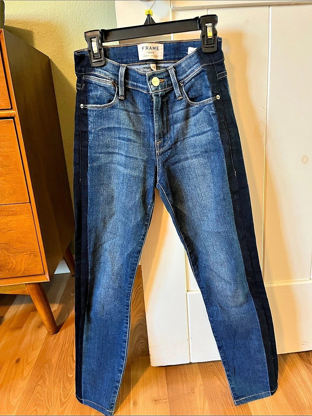 FRAME Le High Skinny Crop Tuxedo Stripe Skinny Jeans Blue Waist 23